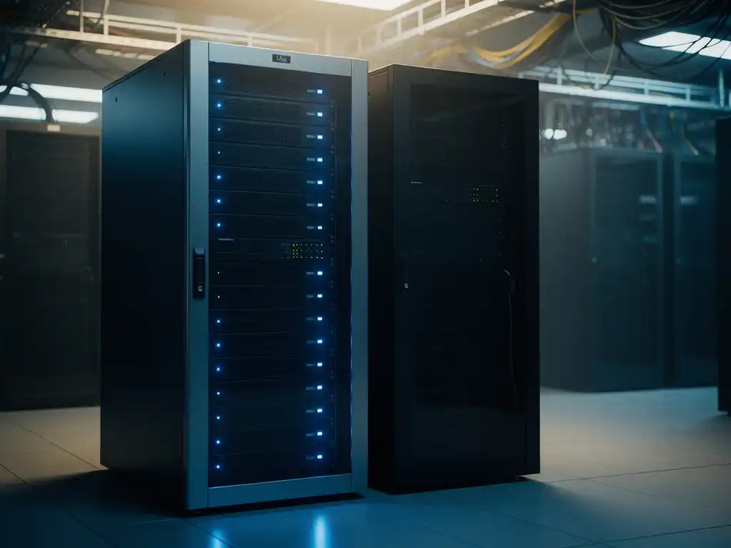 Twee serverracks in een donker datacenter, één verlicht met blauwe indicatielampjes, het andere uitgeschakeld en in schaduw gehuld.