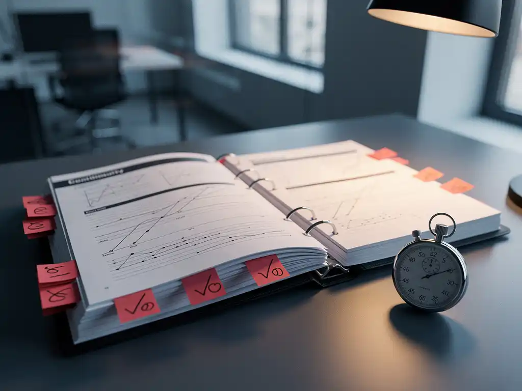 Open bedrijfscontinuïteitsbinder op kantoorbureau met rode sticky notes, handgeschreven vinkjes en een stopwatch ernaast.