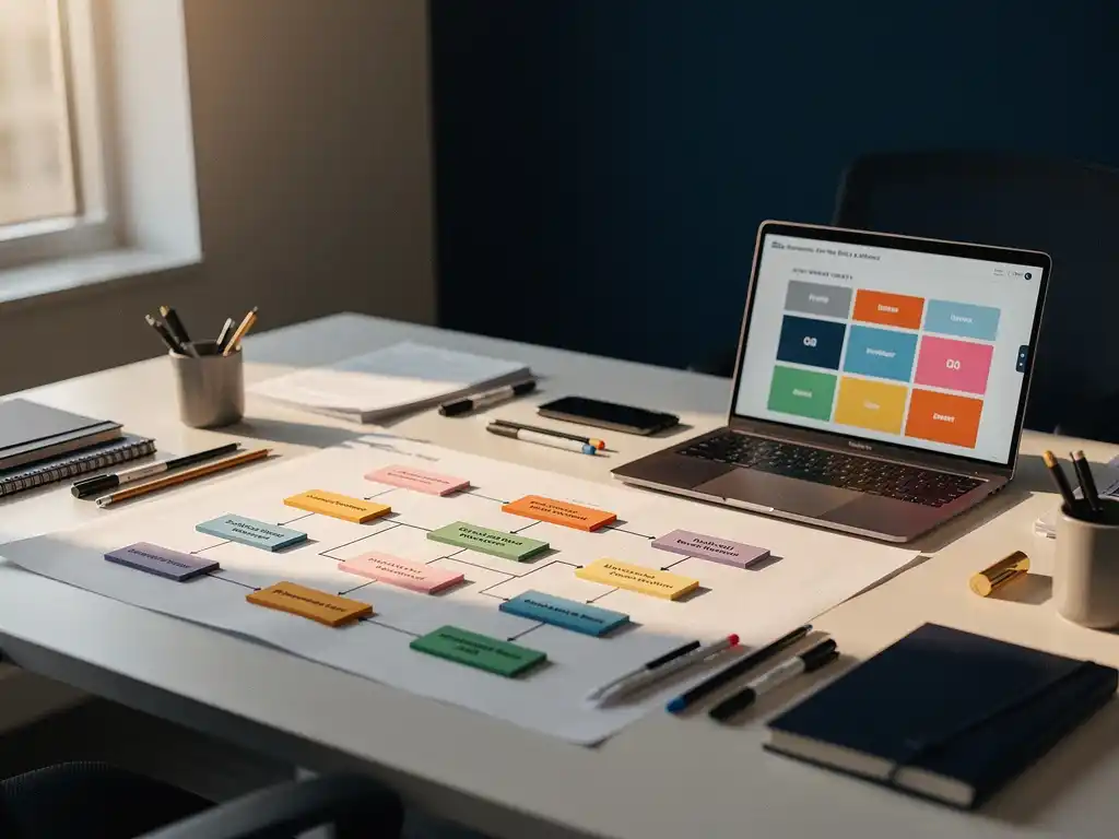 Bedrijfscontinuïteitsplan op modern bureau met gekleurde tabbladen, laptop met risicomatrix, professionele kantooromgeving met natuurlijk zijlicht.