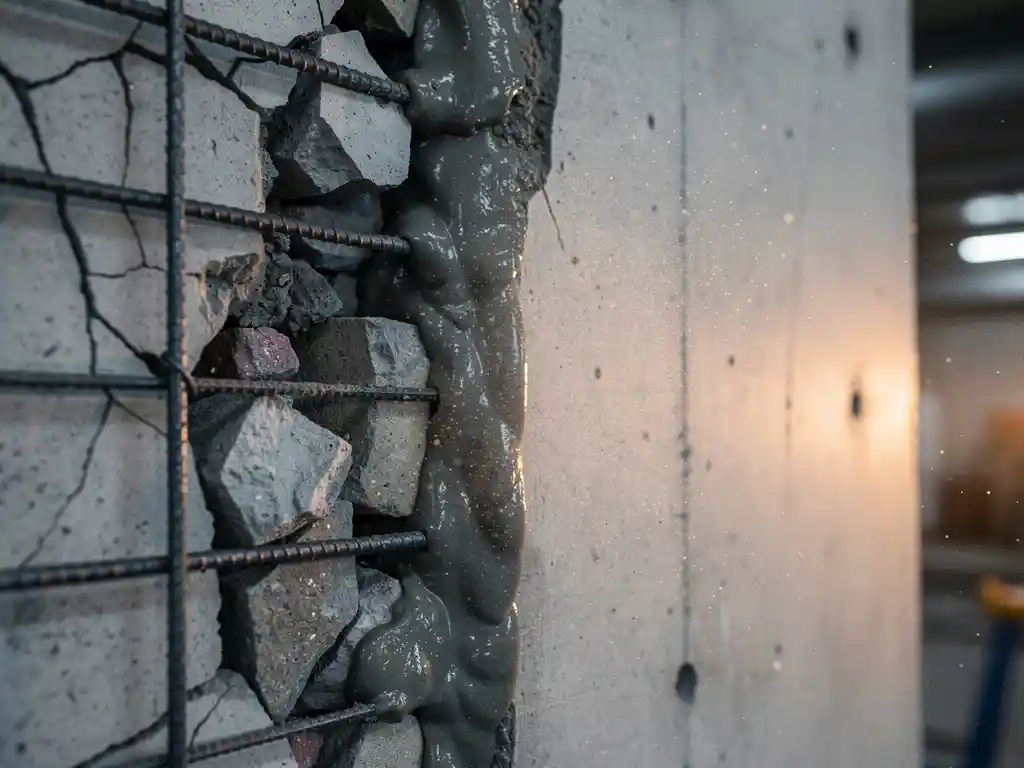 Gebarsten betonmuur versterkt met stalen wapening en vers cement onder warm werklicht, betondeeltjes zichtbaar in de lucht.