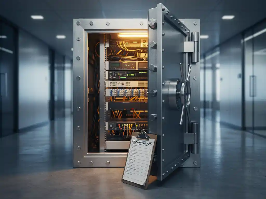 Stalen kluisdeur op een kier in modern kantoorgang, met verlichte serverinfrastructuur en compliance-checklist op klembord zichtbaar.