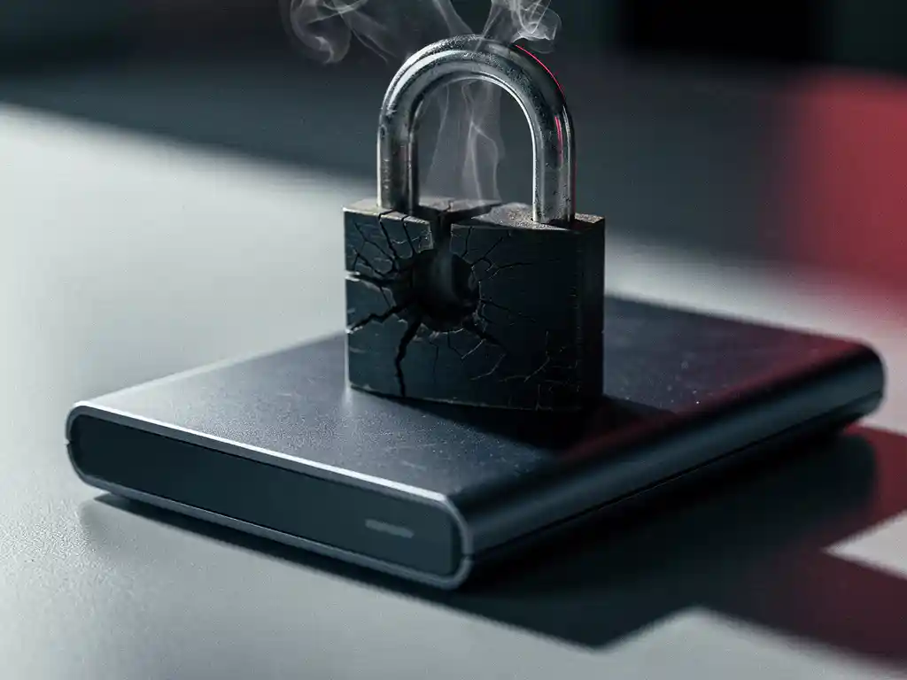Gebarsten zwart hangslot op externe harde schijf met donkere rook, dramatische zijverlichting op mat grijs bureauoppervlak.