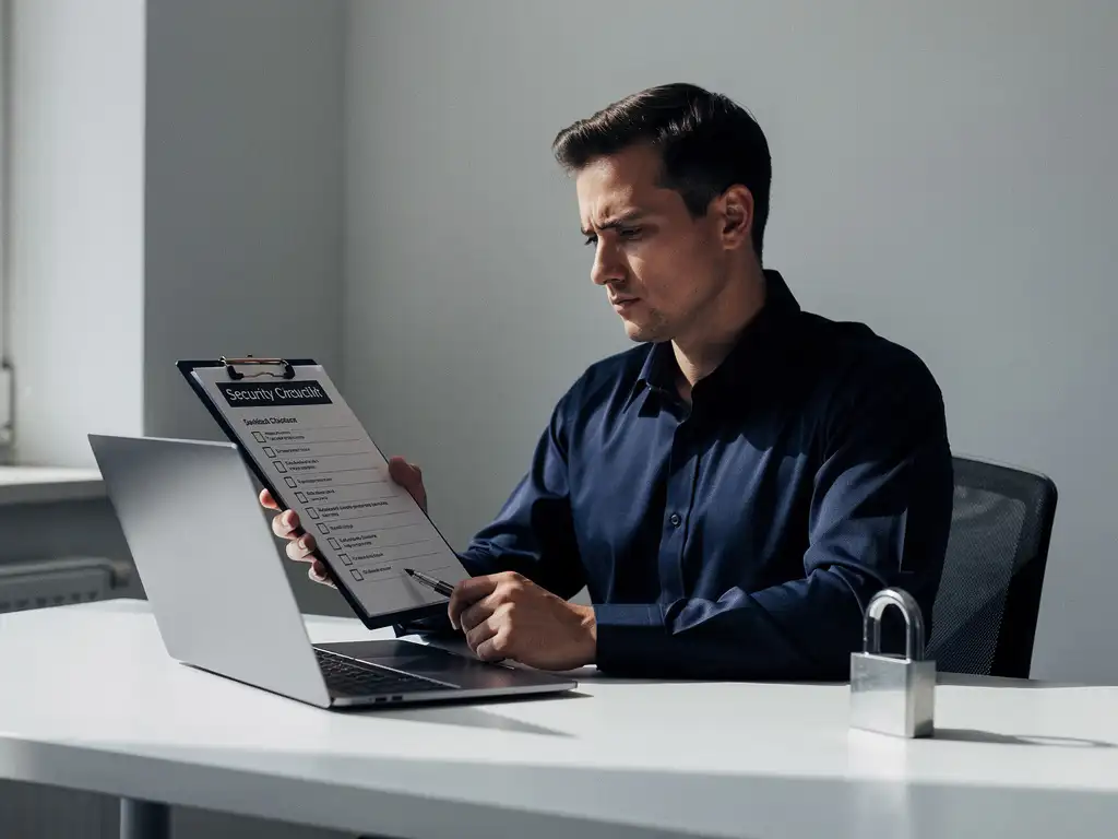 Professional die een beveiligingschecklist op een klembord bestudeert aan een modern bureau met laptop en hangslot.