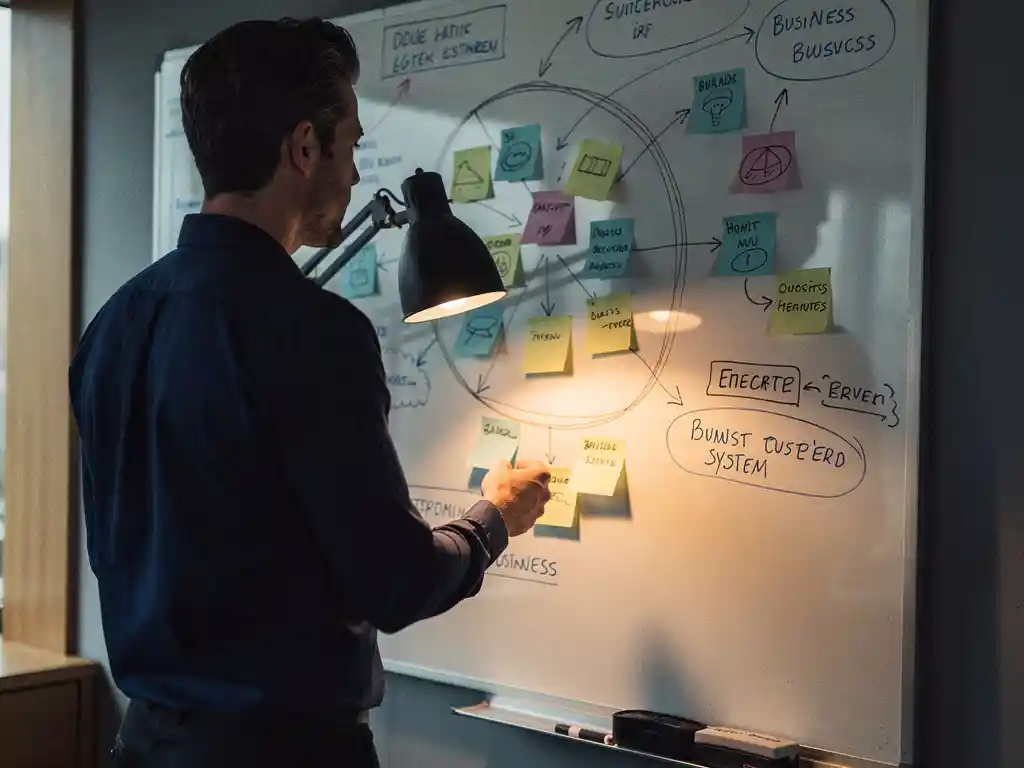 Beveiligingsprofessional analyseert whiteboard met sticky notes die verbonden bedrijfssystemen in kaart brengen, één cluster belicht door bureaulamp.