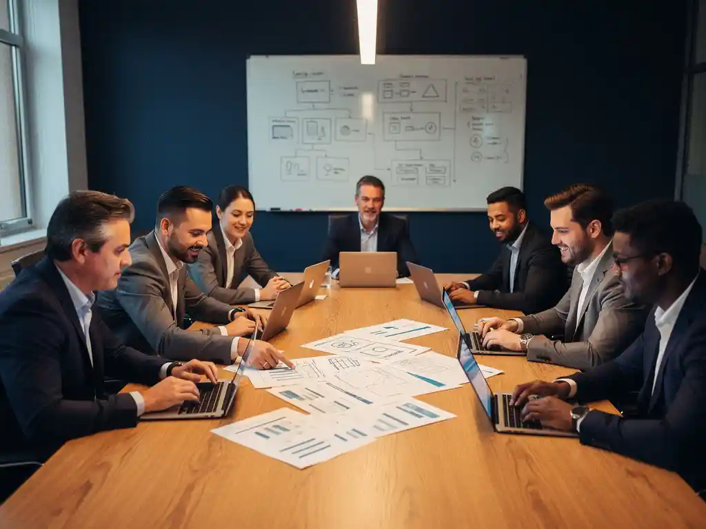 Divers team van professionals rond een eikenhouten vergadertafel met beveiligingsframeworks en laptops, whiteboard met diagrammen op achtergrond.