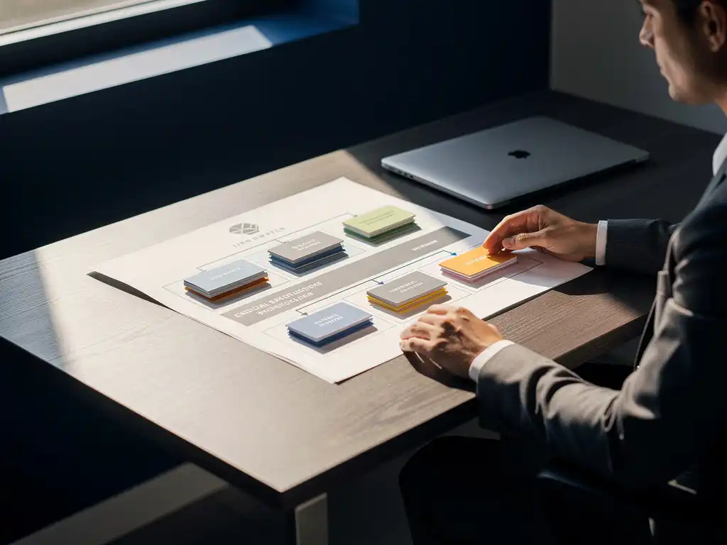 Cybersecurityprofessional bestudeert gelaagd organisatieschema met gekleurde tabs voor kritieke bedrijfsprocessen op modern bureau.