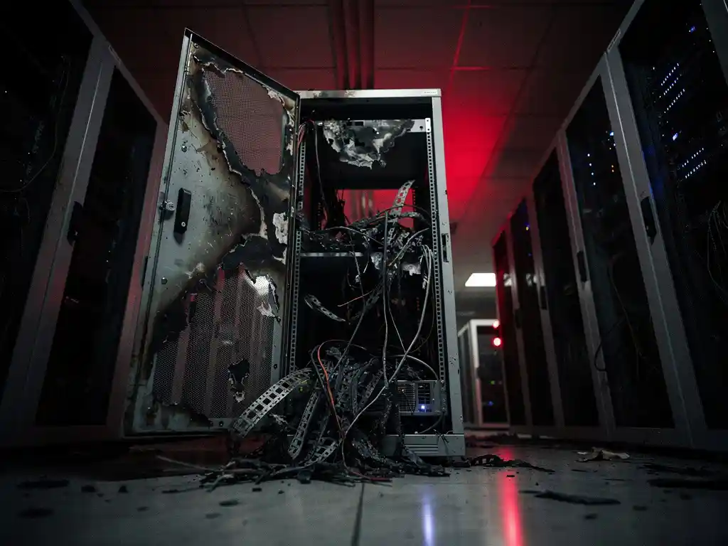 Uitgebrand serverrek in donkere datacentergang met rood noodlicht, openhangende kastdeur en verward kabelbeheer.