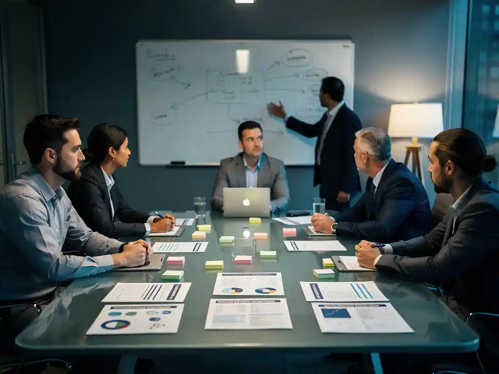 Crisisteam rond vergadertafel met incidentdocumenten en sticky notes, collega wijst naar whiteboard met responsplan, laptop open op voorgrond.