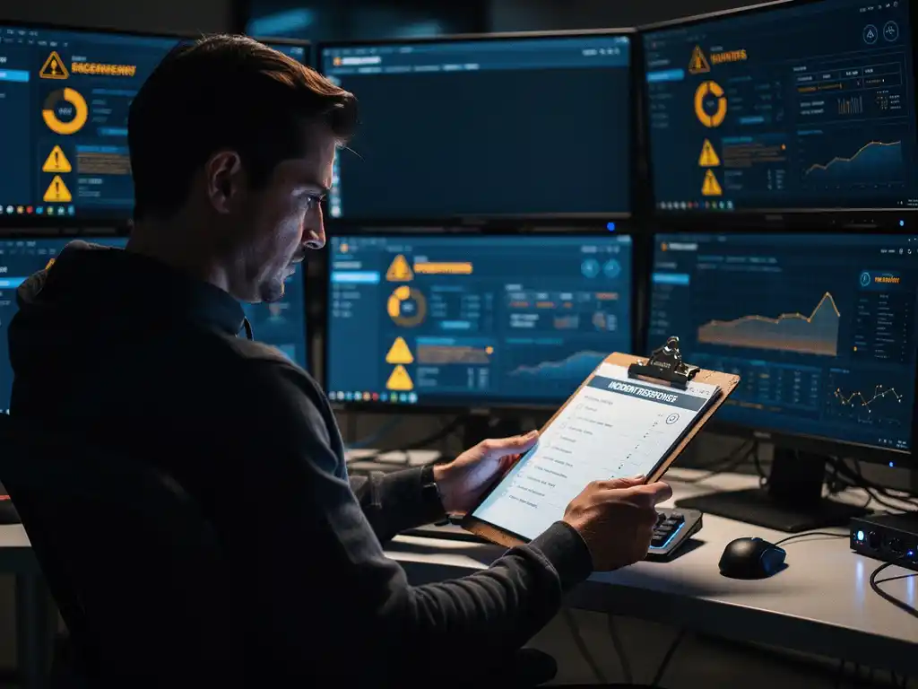 Cybersecurityanalist in donker operatiecentrum controleert incident response checklist op klembord, omringd door monitoren met waarschuwingsindicatoren.