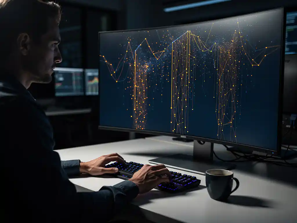 Cybersecurity-analist bestudeert netwerkalertpatronen op groot monitor in donker operatiecentrum, lege koffiemok op bureau.