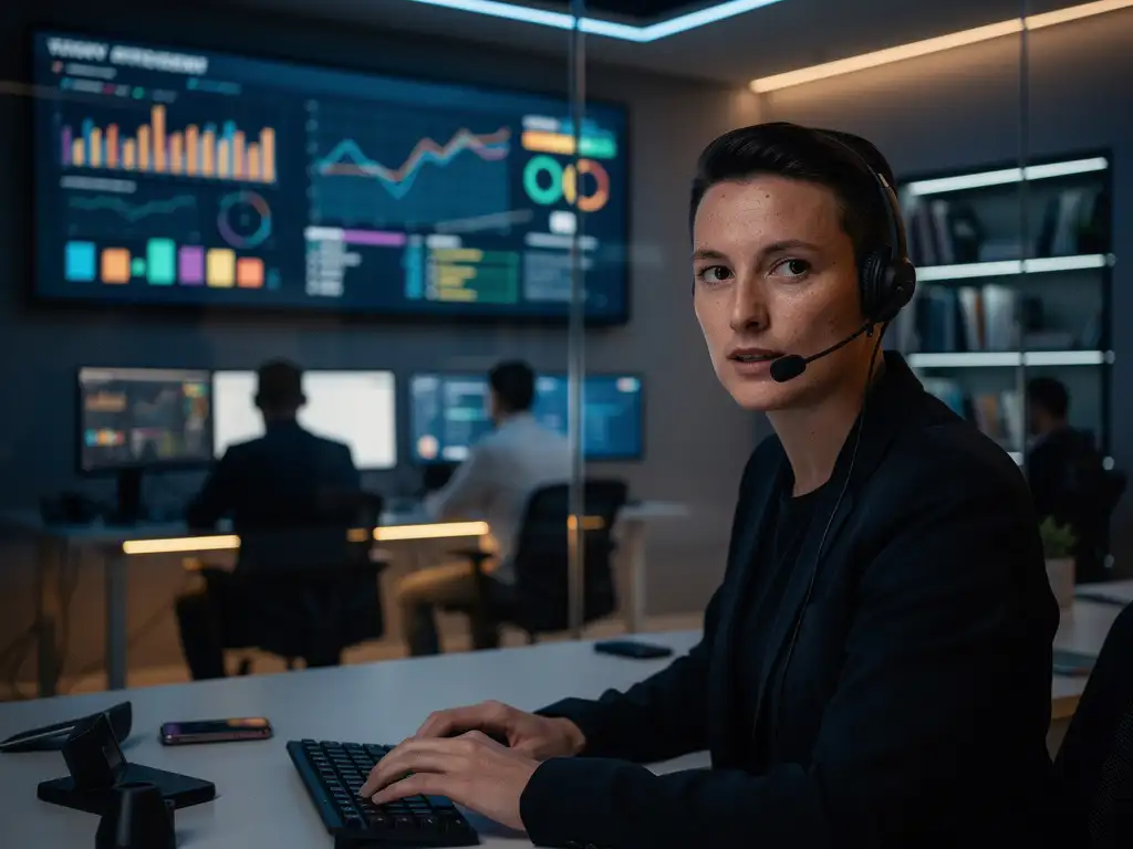Cybersecurityprofessional met headset aan command-center bureau, incidentstatus op monitor, collega's op achtergrond, navy en amber tinten.