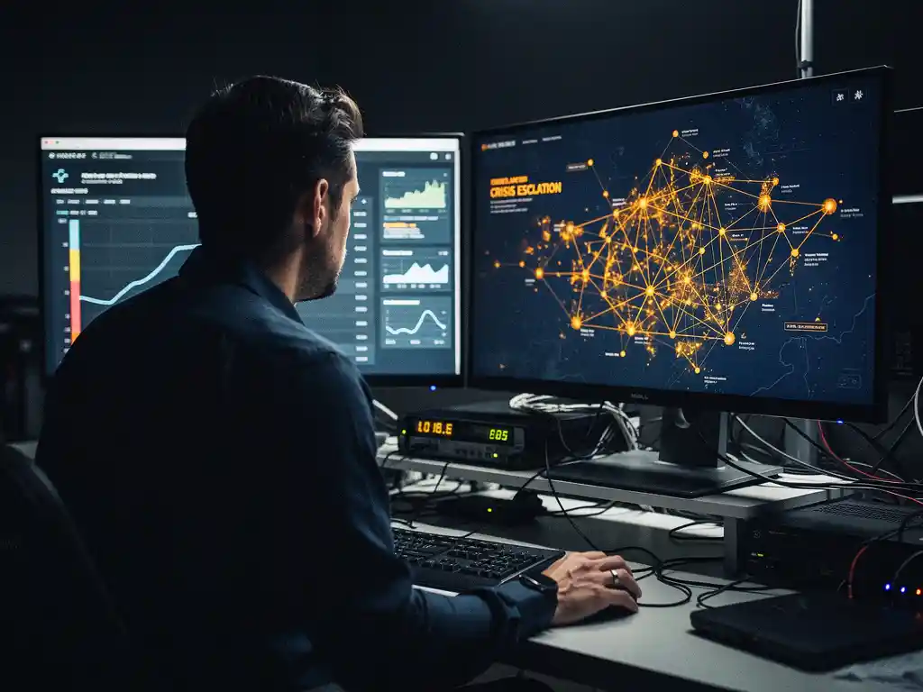 Cybersecurityprofessional in donker commandocentrum voor twee monitoren met incidenttijdlijn en crisisescalatiekaart, dramatisch zijlicht.