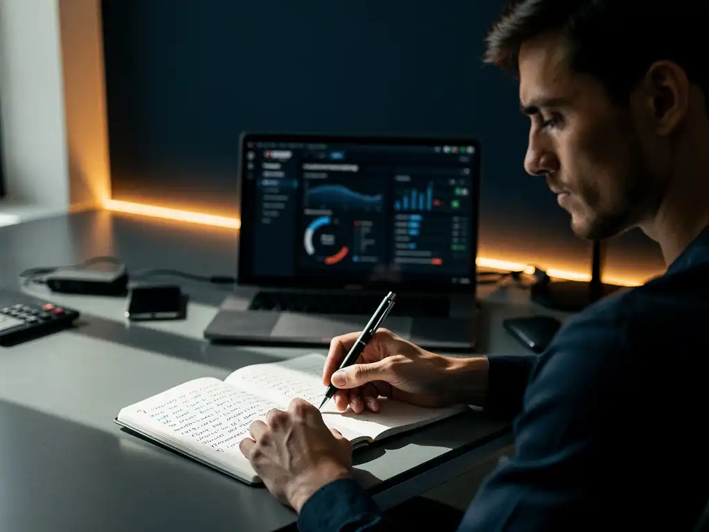 Cybersecurityprofessional denkt na boven notitieboek met vragen, laptop met netwerkdashboard op achtergrond, modern kantoor.
