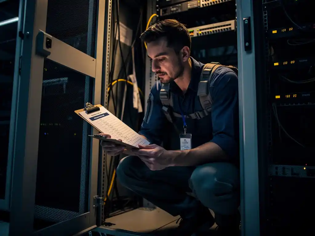 Cybersecurityprofessional inspecteert herstelchecklist bij open serverrack in donker datacenter met knipperende amber noodverlichting.