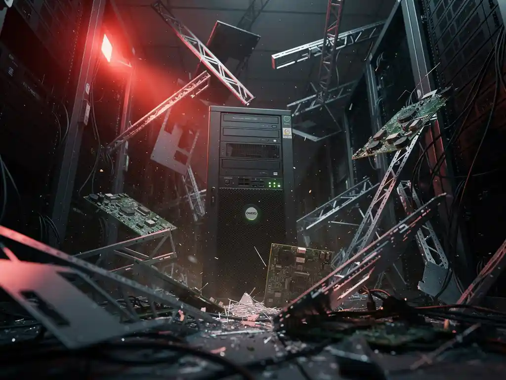 Instortend serverrek in donker datacenter met rood noodlicht, gebroken hardware en één groen oplichtende intacte server.