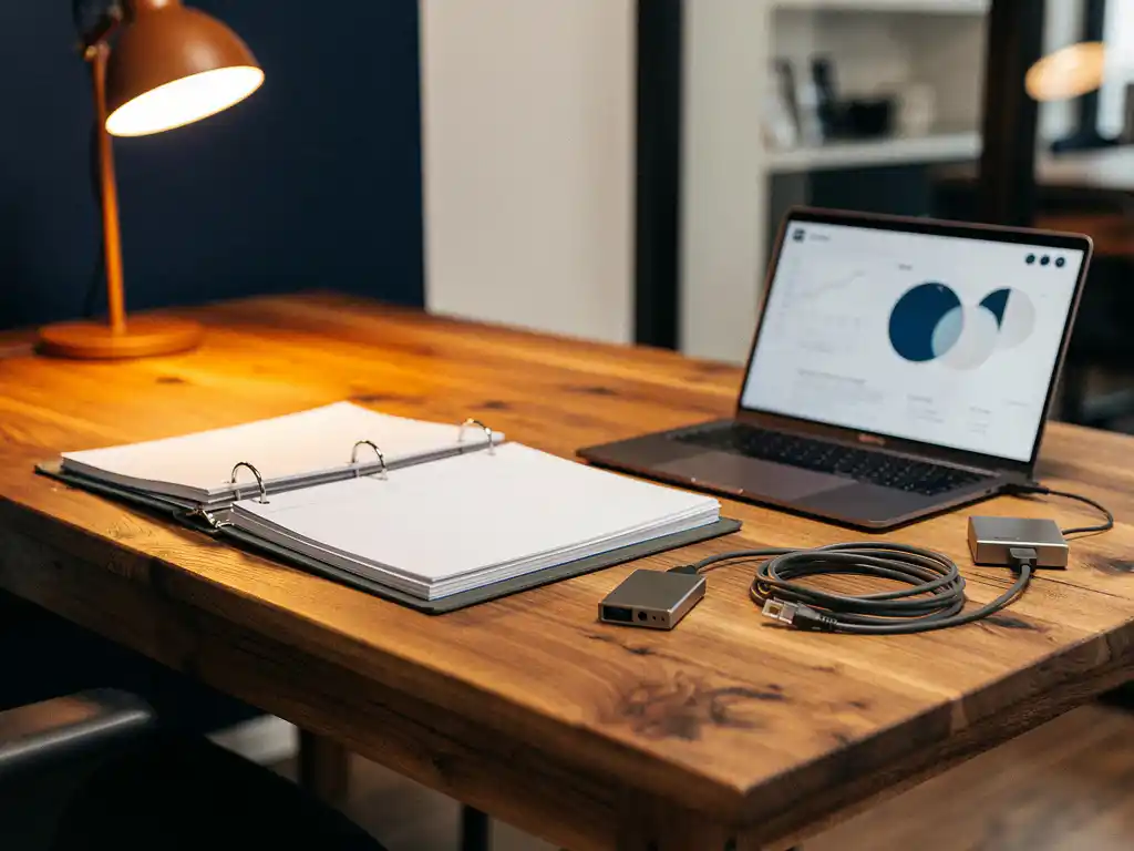 Eikenhouten bureau met open continuïteitsbinder, laptop met dashboards, externe schijf en ethernetkabel in modern Nederlands kantoor.