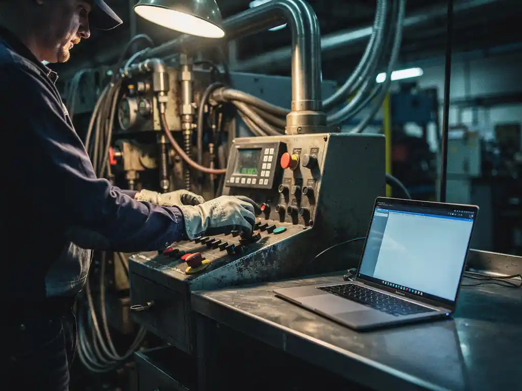 Fabrieksmedewerker met beschermende handschoenen bedient industrieel bedieningspaneel naast een laptop op stalen werkbank.
