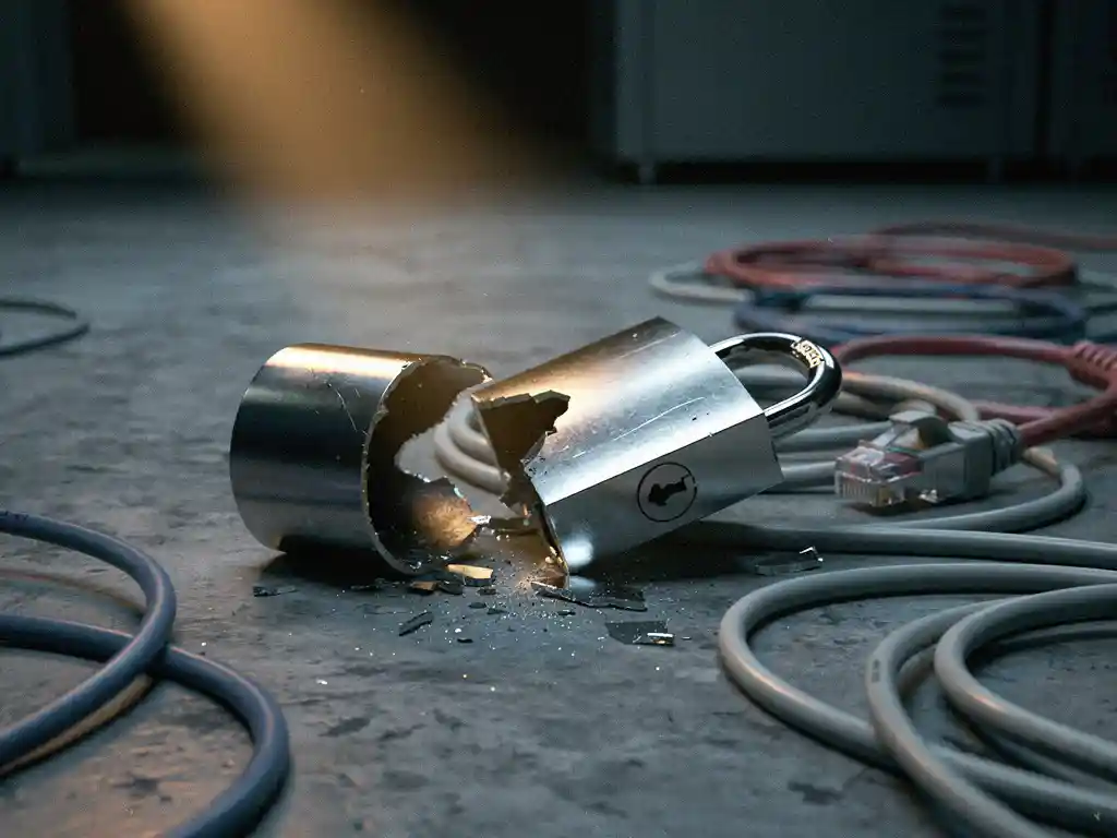 Gebroken hangslot op betonnen serverruimtevloer, omringd door ethernetkabels, symboliseert een datalek of cyberaanval.