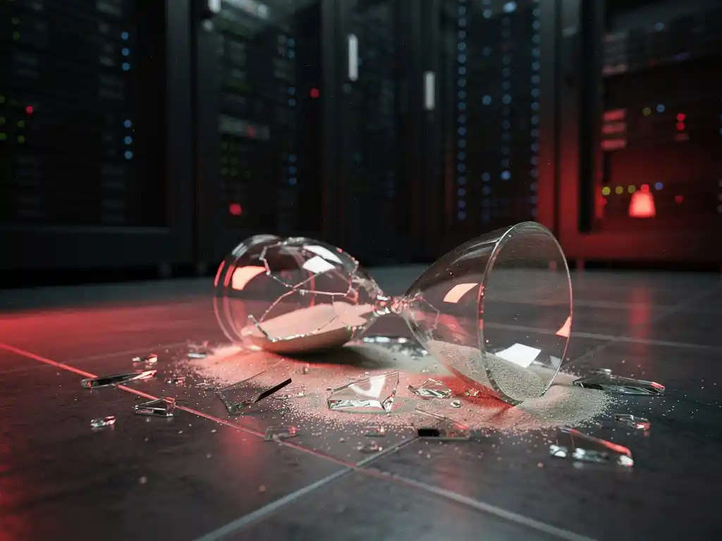 Gebroken zandloper op serverruimtevloer met uitstromend zand, rode noodverlichting verlicht knipperende serverracks op de achtergrond.