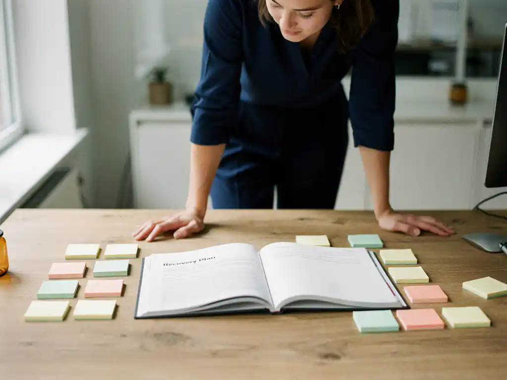 Herstelplan document op modern bureau met gekleurde sticky notes, collega die meekijkt in lichte Nederlandse werkomgeving.