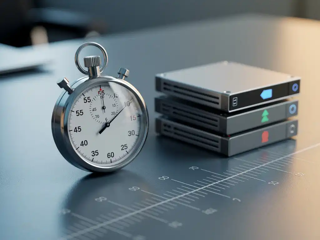 Stopwatch naast een stapel gelabelde back-upschijven op een bureau, gesymboliseerd hersteltijd in een moderne kantooromgeving.