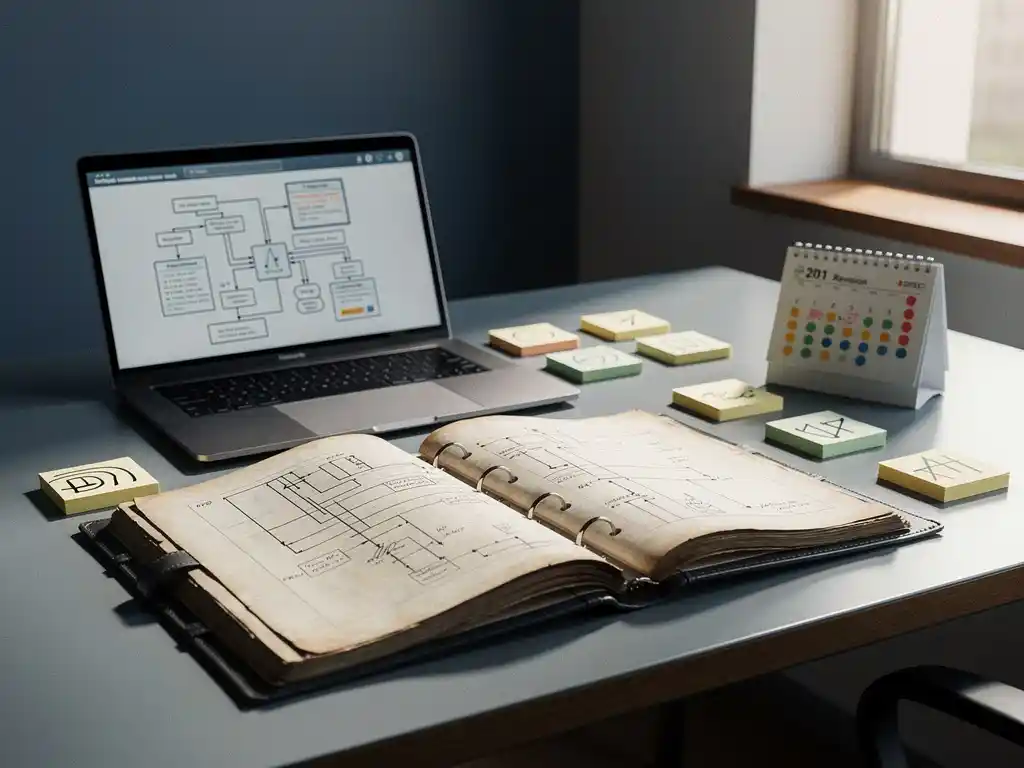Opengeslagen IT-herstelmap op modern bureau met sticky notes, laptop met systeemdiagrammen en kalender met revisiedata.