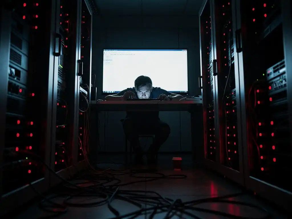 IT-technicus voor leeg herstelconsole in donkere serverruimte, omringd door rood knipperende serverlampjes en kabels.