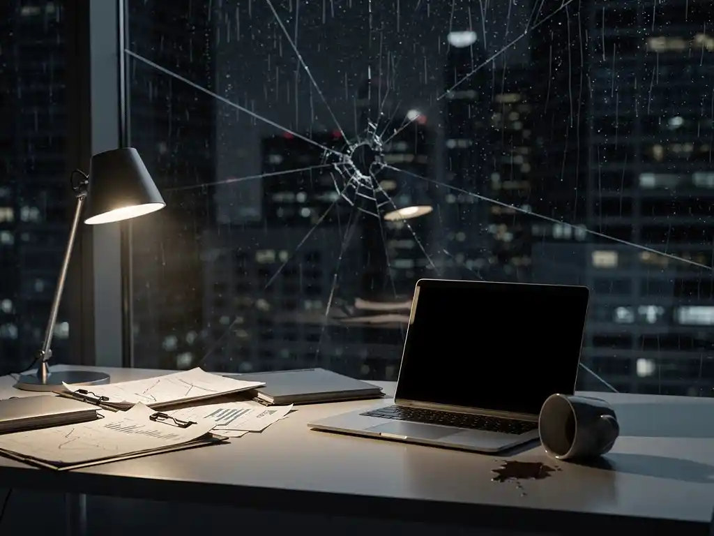 Gebarsten kantoorvenster met uitzicht op regenachtige stad, verlaten bureau met omgevallen koffiekop, financiële documenten en laptop in dramatisch zijlicht.