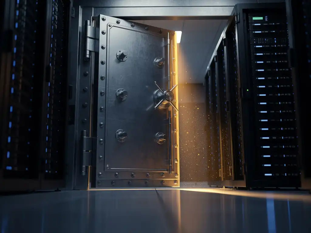 Stalen kluisdeur op een kier in serverruimte met blauwe LED-indicatoren op rackservers en een warme amberkleurige lichtstraal.