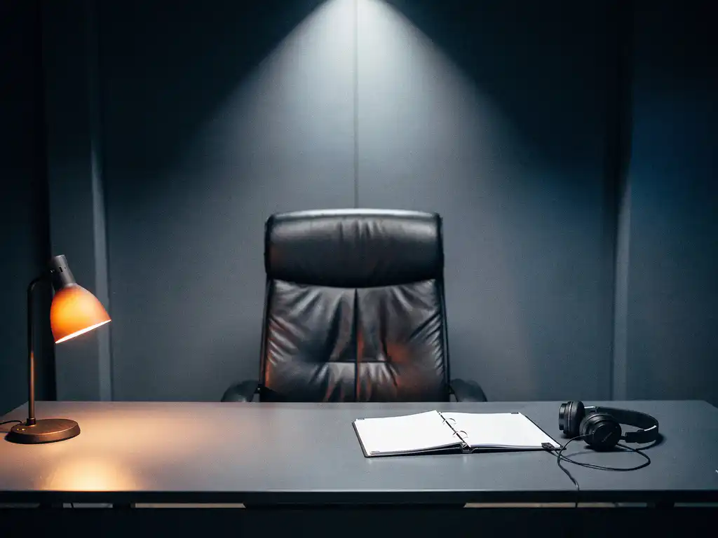 Lege leren bureaustoel achter een zakelijk bureau met een open incident response-map en losgekoppelde headset in een donker modern kantoor.
