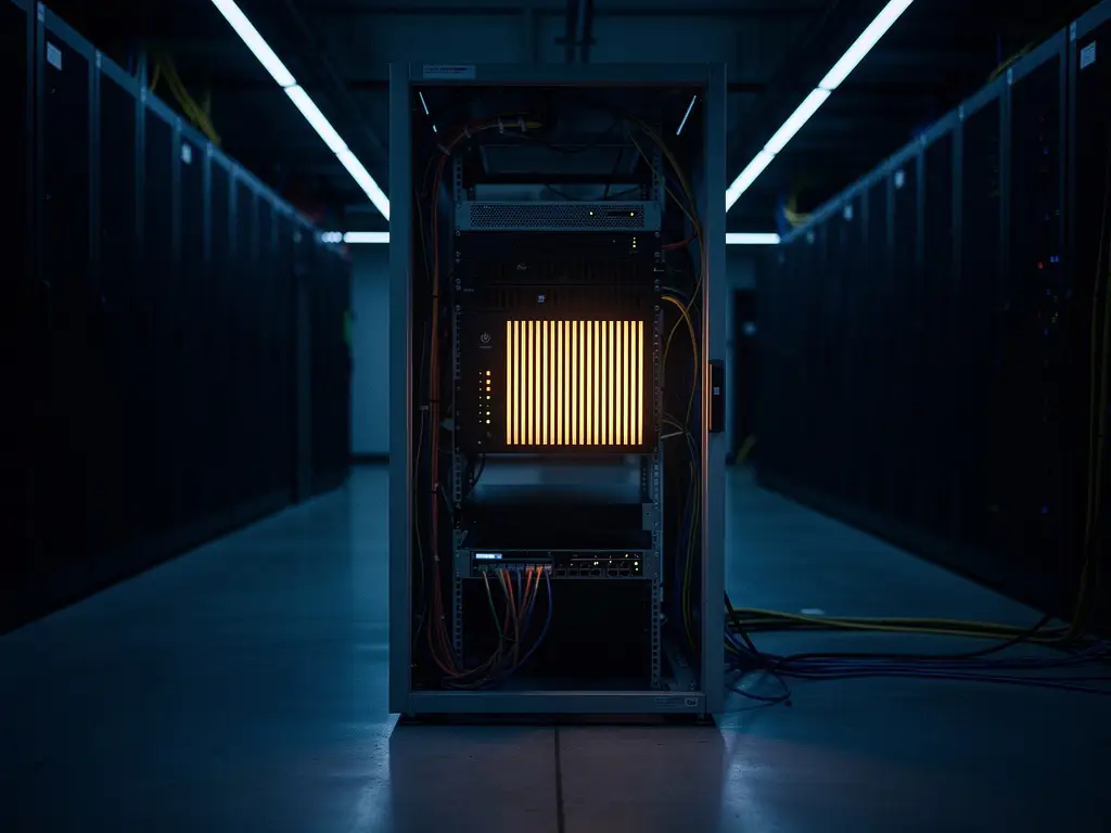 Kale serverrack met minimale bekabeling in donkere datacentergang, verlicht door blauw noodlicht en warm amber gloed van actief serverpaneel.