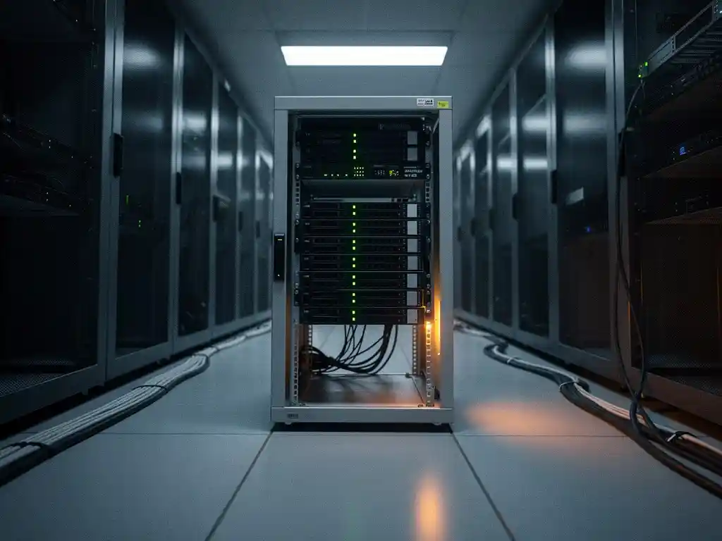 Solitaire serverrack in een lege datacentercorridor met groene statusindicatoren en warm amberkleurig accentlicht.