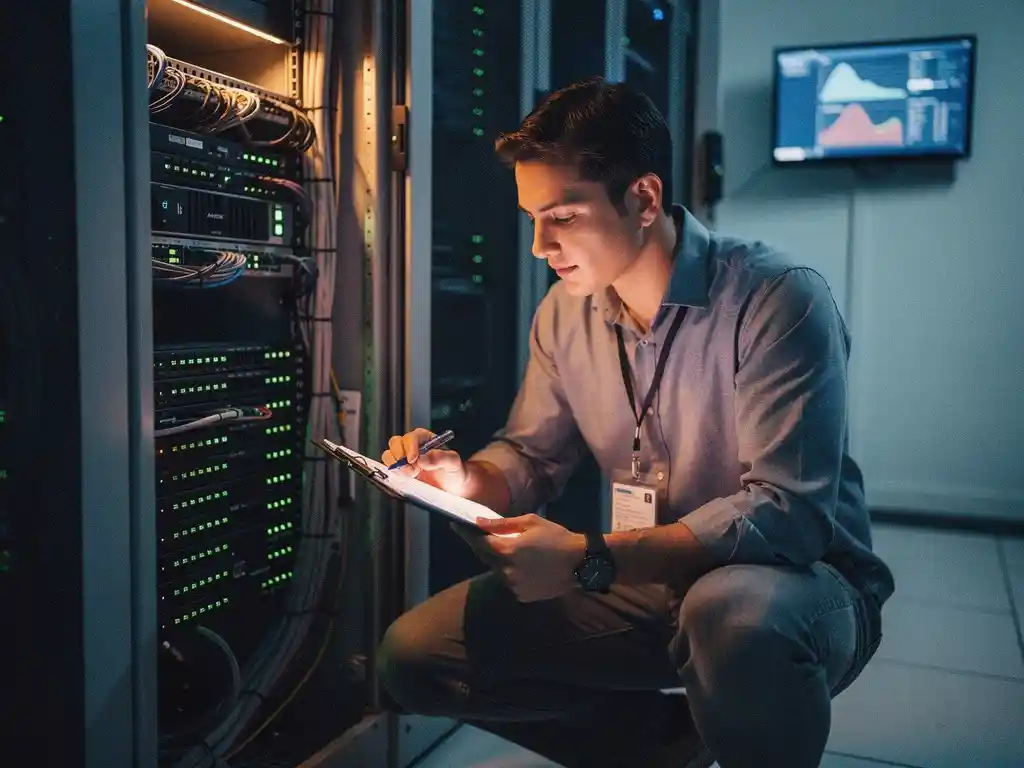 Netwerkbeheerder naast open serverrack met herstelchecklist op klembord, groene indicatielampjes en systeemstatusgrafieken op achtergrondmonitor.