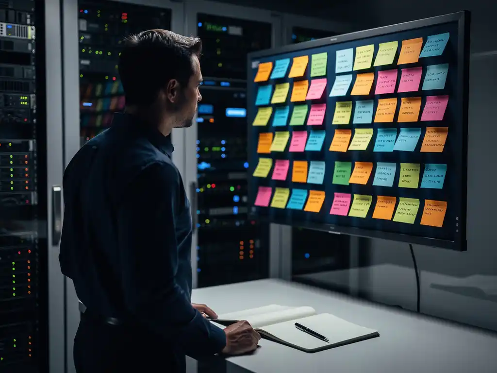 Netwerkbeheerder analyseert prioriteitsbord met gekleurde sticky tags, serverracks op de achtergrond, notitieboek op bureau.