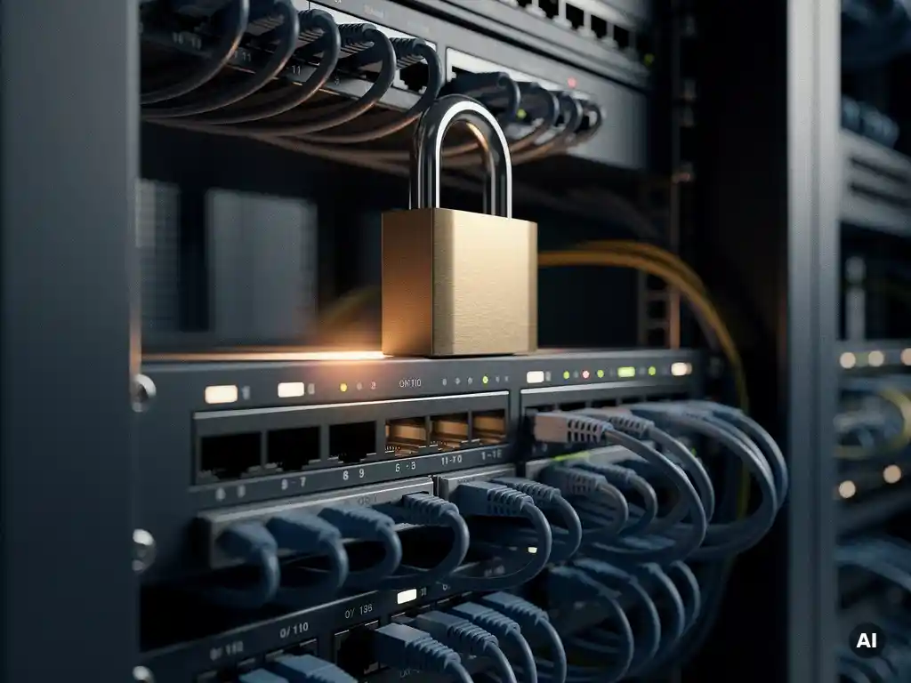 Hangslot op een netwerkswitch in een serverruimte, omgeven door georganiseerde ethernetkabels en knipperende indicatielampjes.