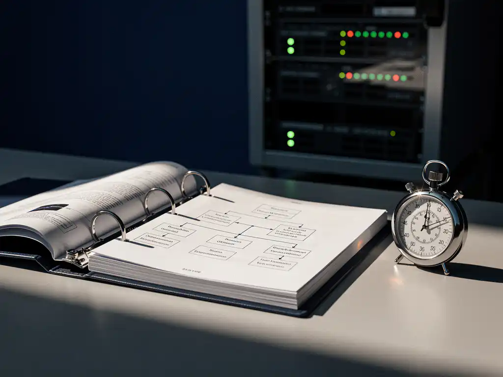 Open ringband met netwerkdiagrammen en configuratiedocumenten op bureau, stopwatch ernaast, serverrack op achtergrond, dramatische kantoorverlichting.