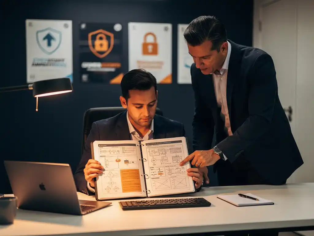 Nieuwe medewerker leest incidentherstelplan aan bureau terwijl senior collega een kritieke sectie aanwijst, cybersecurityposters op achtergrond.
