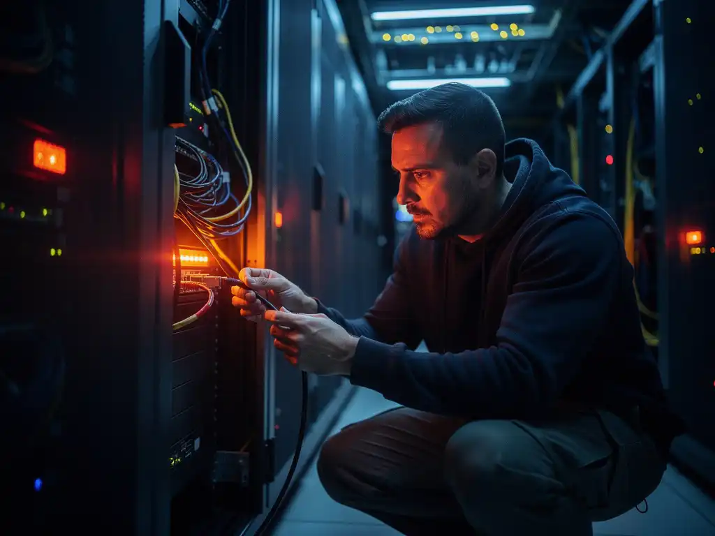 Cybersecurity-engineer sluit noodkabel aan in donkere serverruimte, rode en ambergele noodverlichting weerspiegelt op serverracks.