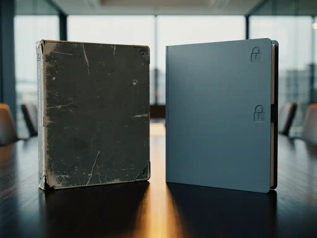 Versleten noodbinder naast een moderne bedrijfscontinuïteitsbinder op een vergadertafel, symboliseert reactief versus proactief crisismanagement.