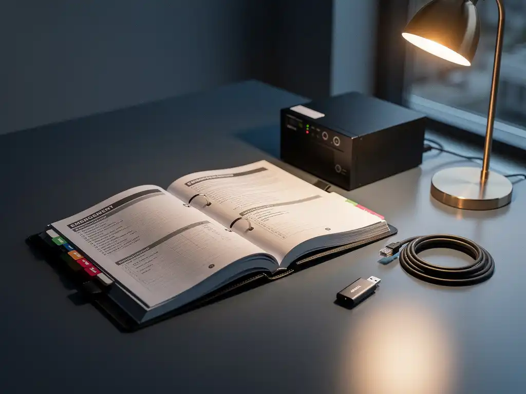 Noodplan ringband met gekleurde tabbladen open op bureautafel, omringd door UPS-batterij, netwerkkabel en USB-back-upschijf.
