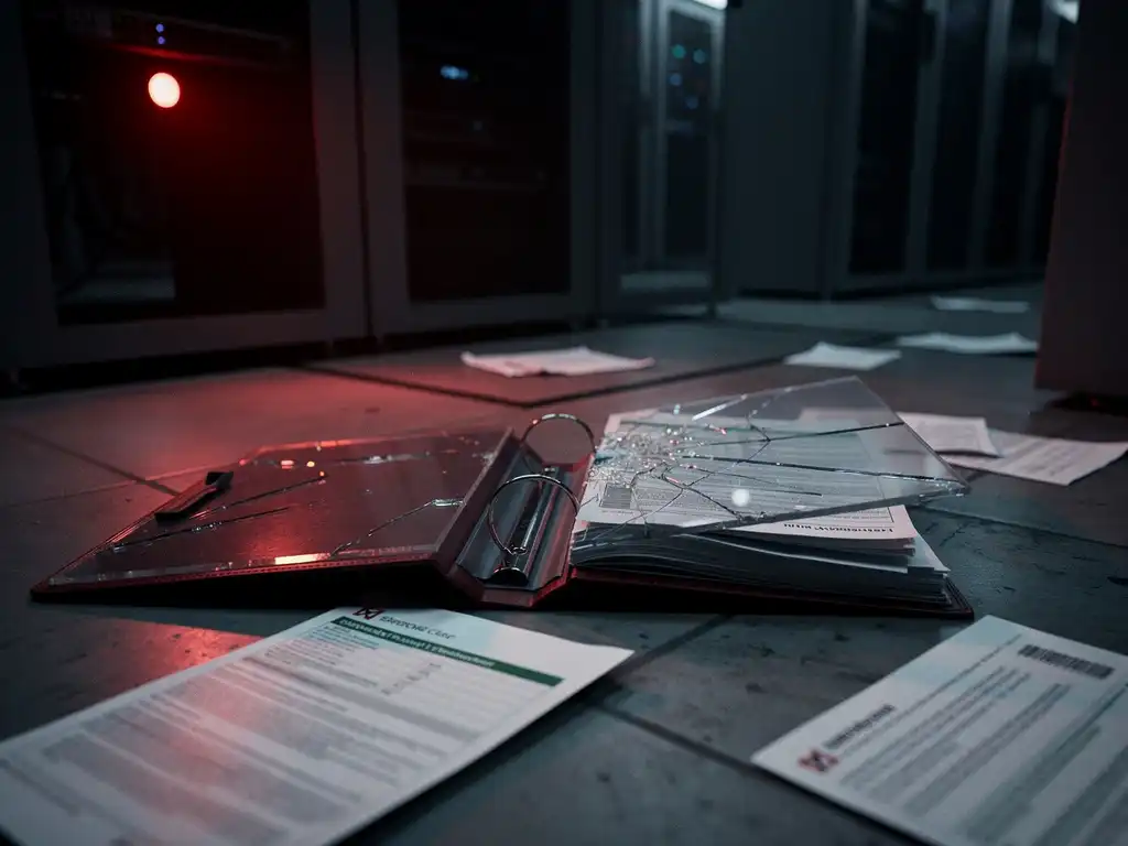 Opengevallen noodbinder met herstelbestanden verspreid op serverruimtevloer, verlicht door rood waarschuwingslicht naast stille serverrekken.