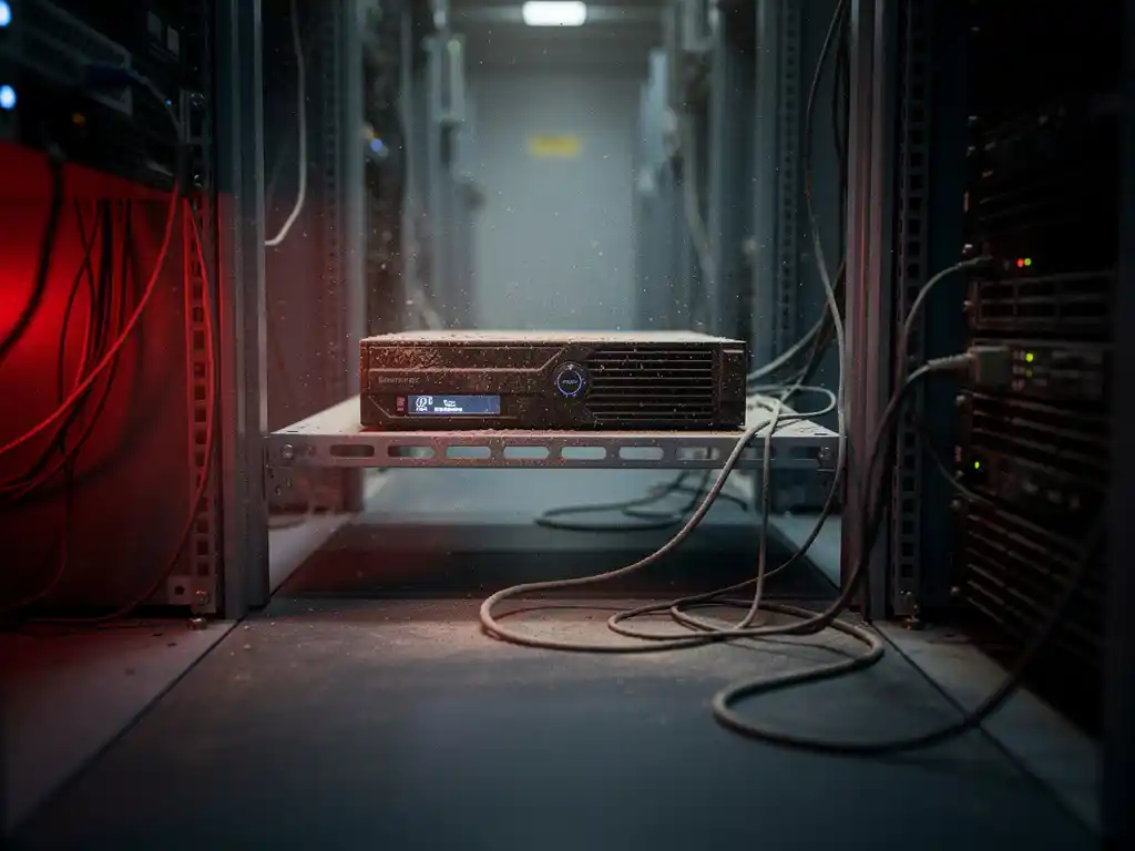 Verlaten serverruimte met stoffige backup-schijf op plank, donkere indicatielampjes en loshangende kabels in rood waarschuwingslicht.