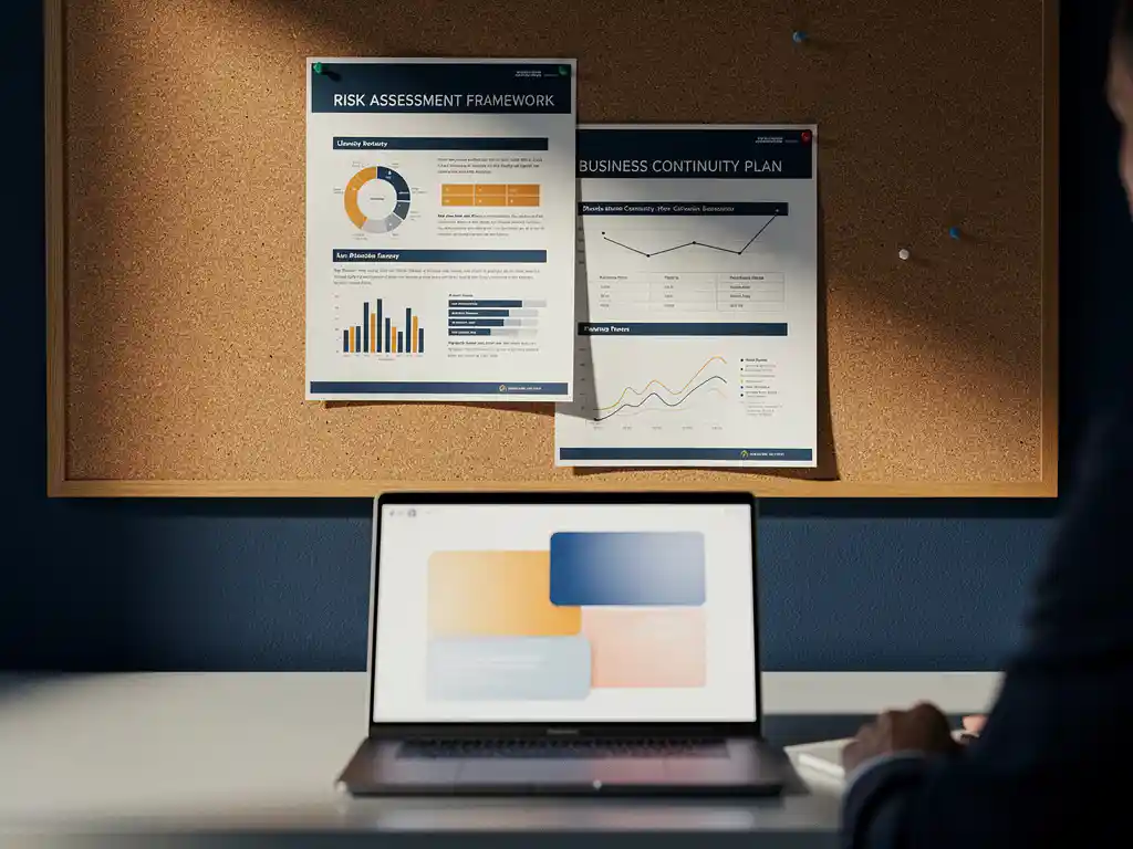 Risicobeoordeling framework en bedrijfscontinuïteitsplan op kurkbord naast laptop op zakelijk bureau.