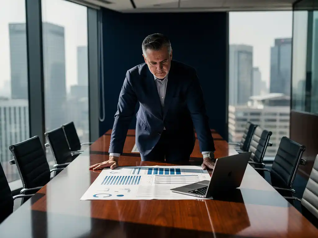 Senior executive leunt over vergadertafel met risicobeoordeling, laptop open, glazen boardroom met stadsgezicht op achtergrond.