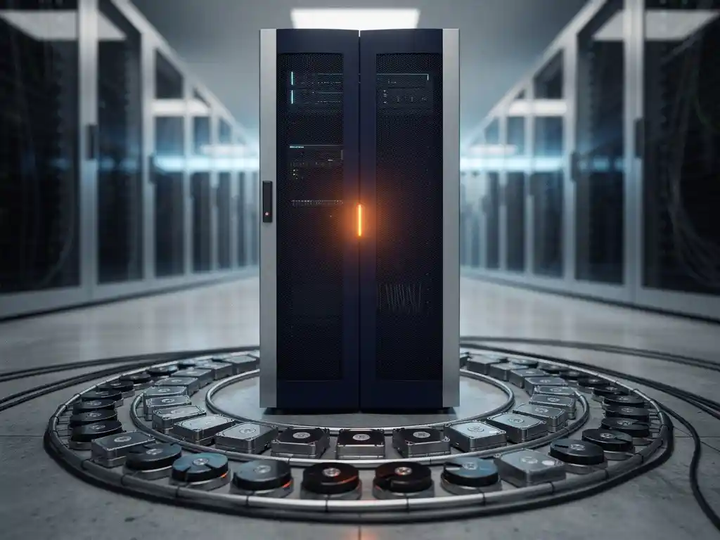 Verlichte serverrack in modern datacenter, omringd door concentrische ringen van harde schijven en back-uptapes op betonnen vloer.