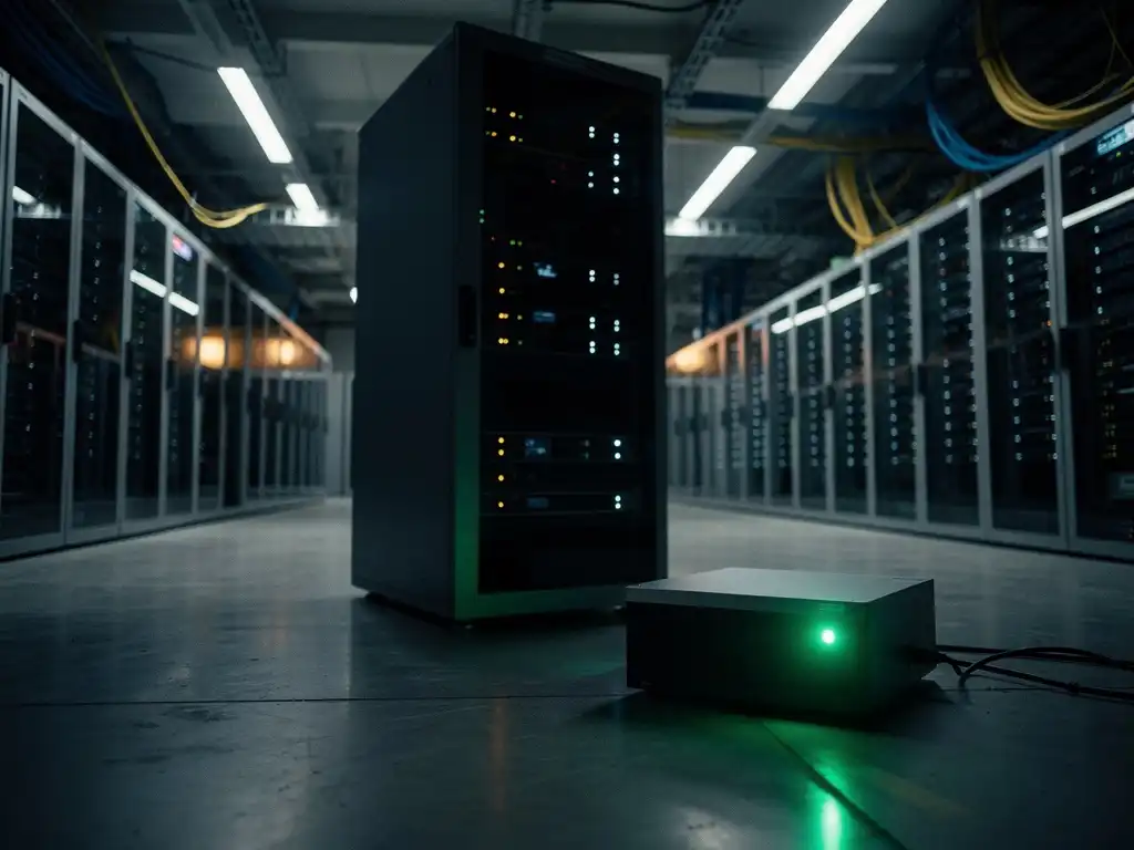 Uitgeschakeld serverrek in donker datacenter met groen gloeiend back-upsysteem op voorgrond, noodverlichting op betonnen vloer.