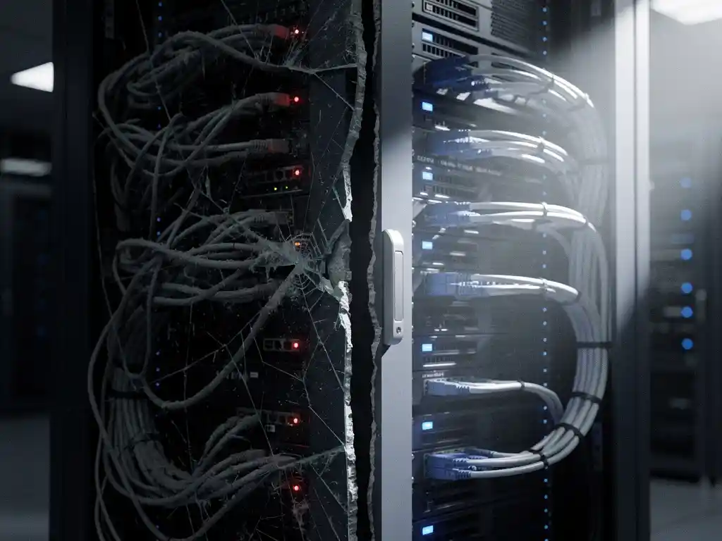 Gespleten serverrack in datacenter: linkerkant donker met verwarde kabels, rechterkant verlicht met blauwe indicatielampjes en nette kabelmanagement.