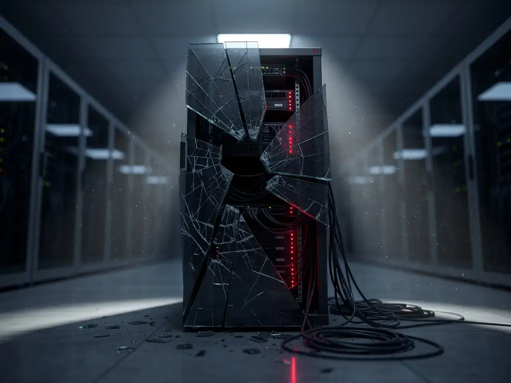 Gebarsten serverrack in donker datacenter met rode waarschuwingslichten, loshangende kabels en dramatische schaduwen op betonnen vloer.