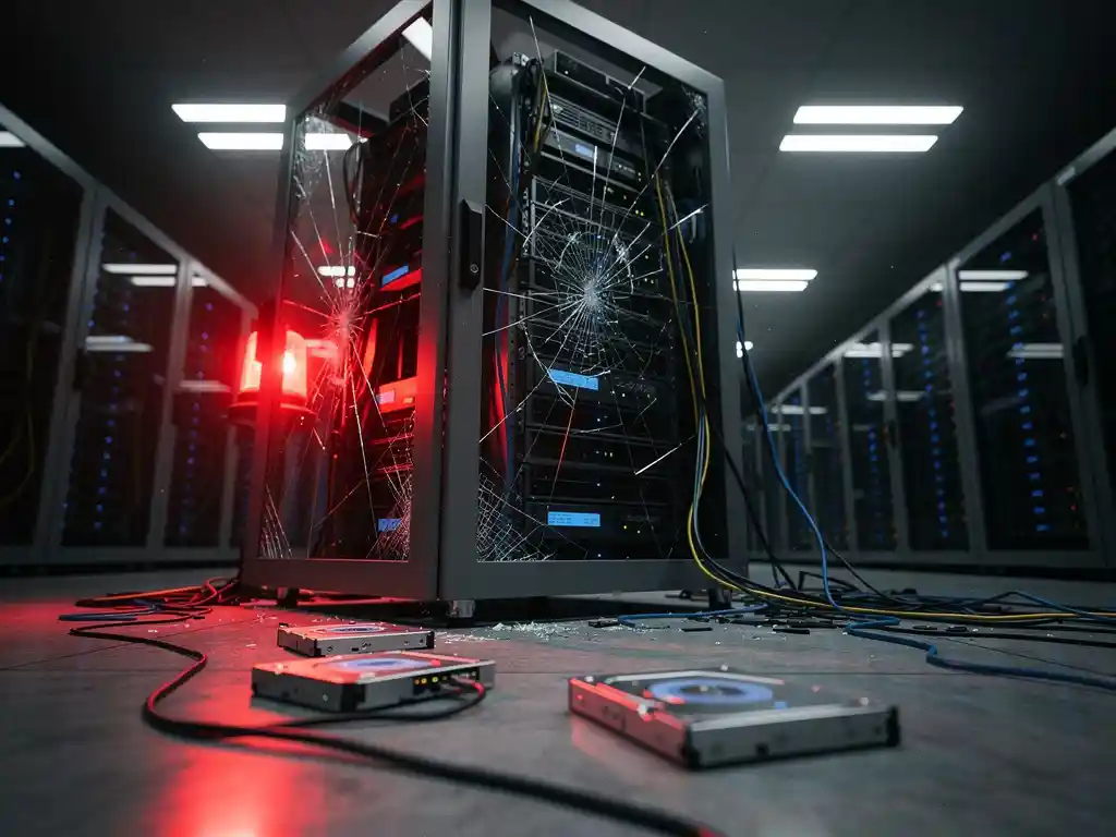 Beschadigd serverrek met gebarsten panelen en flikkerende noodverlichting in donker datacenter, verstrooide back-upschijven op betonnen vloer.
