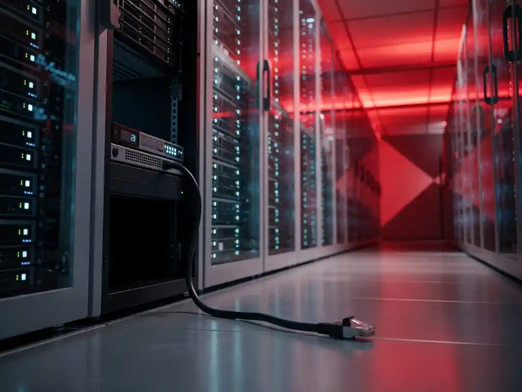 Uitgevallen serverrack in donkere serverruimte met rood noodlicht, omringd door actieve units en een loshangende kabel.